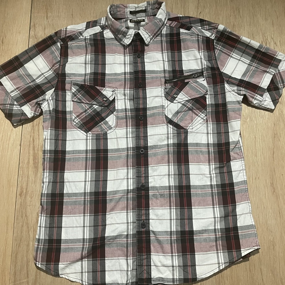 Helix Athletic Fit Short‎ Sleeve Button Up Plaid Shirt Zipper Pockets Size Large